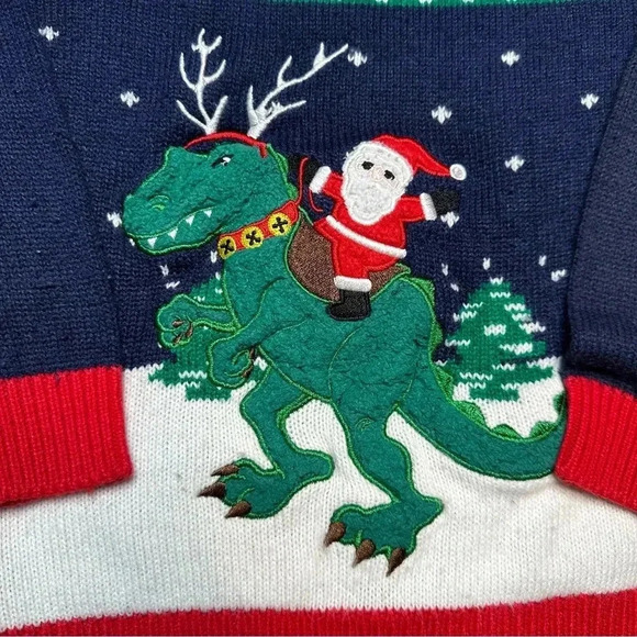 Christmas Santa  Dinosaur Sweater Blue/Green/Red/White Size 6 - Picture 5 of 16